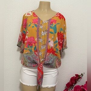 Umgee Yellow Tie-Front Graphic Blouse